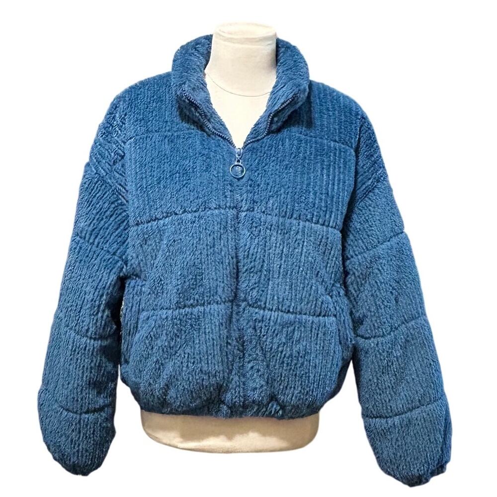 Wild Fable Blue Teddy Sherpa Puffer Jacket Women's Faux Fur Zip Coat
